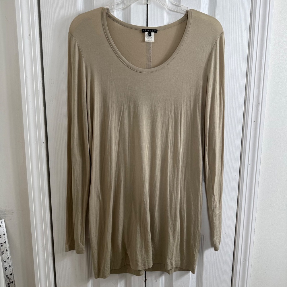 Theory Long Sleeve Scoop Neck Top M Tan Minimalist Quiet Luxury B0524514